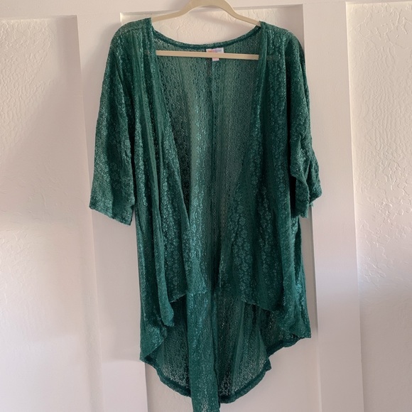LuLaRoe Monroe Kimono- emerald green lace - Small - Picture 2 of 6
